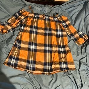Orange and Blue Plaid Cold Shoulder Top
